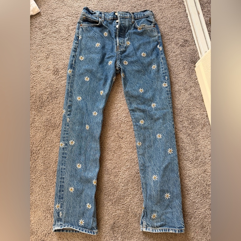 Reformation Blue Flower Embroidered Jeans